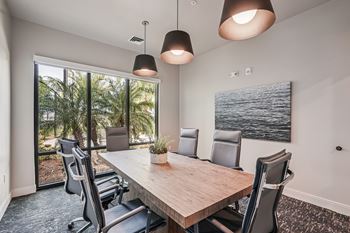 A conference room with a long table and chairs, a plant